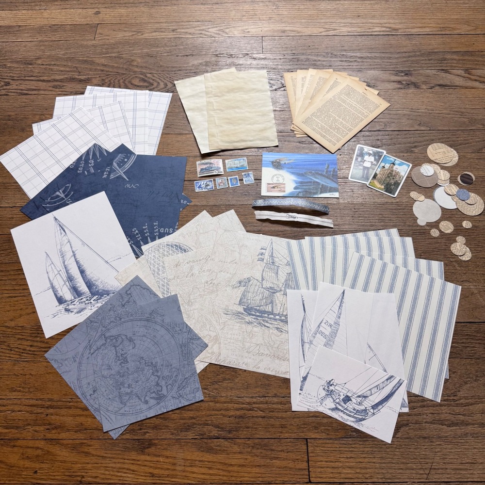 Junk journal Wallpaper, stamps, circles, cards postcard ephemera pack 2315